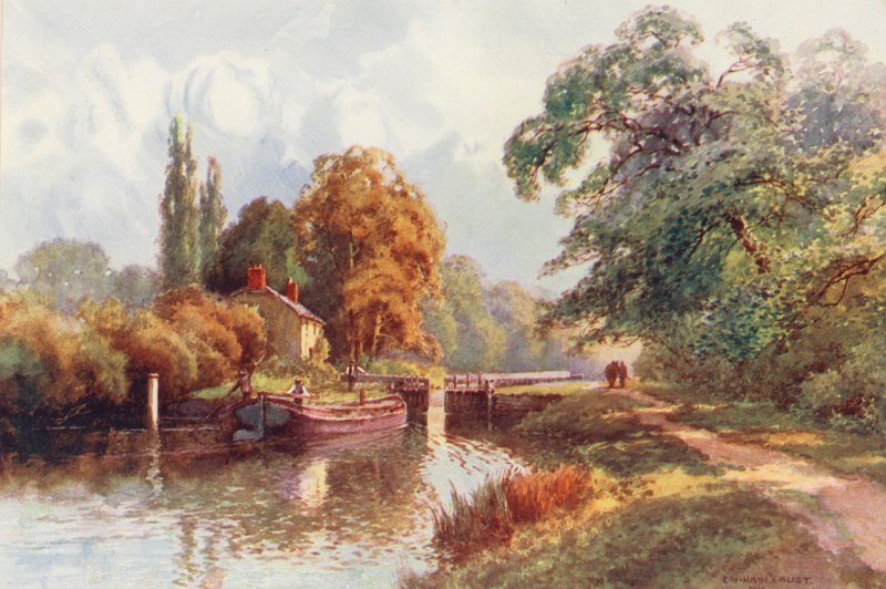 Themsen: Sonning Lock (farvelitografi) af Ernest William Haslehust