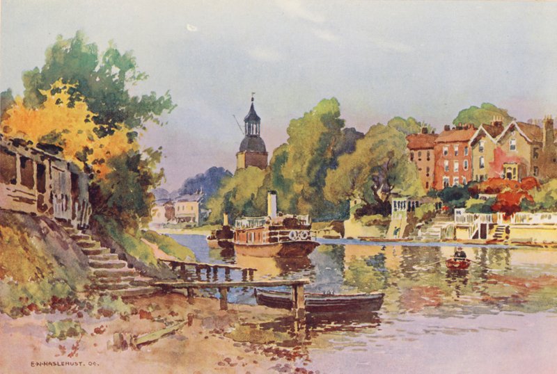 Themsen: Sunbury (farvelitografi) af Ernest William Haslehust