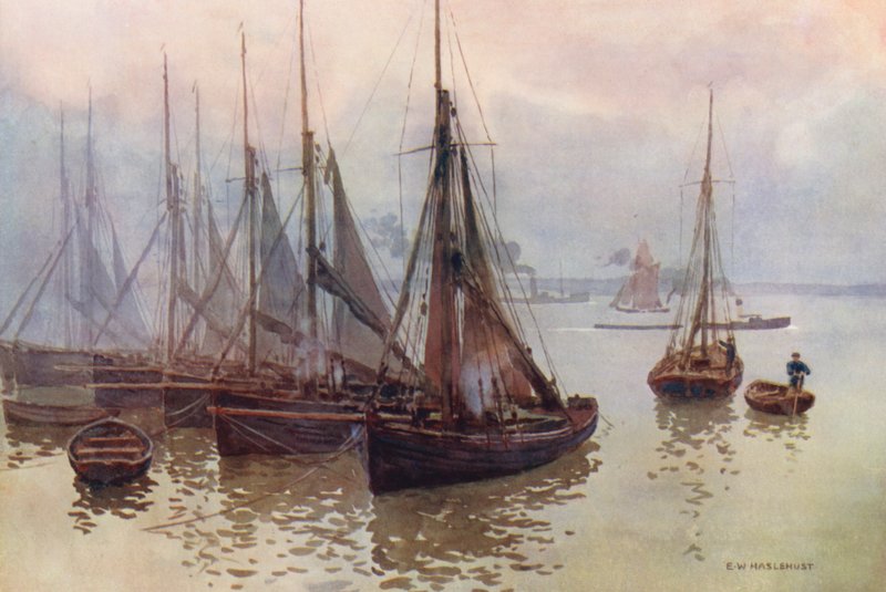 Themsen: Rejeflåden, Gravesend (farvelitografi) af Ernest William Haslehust