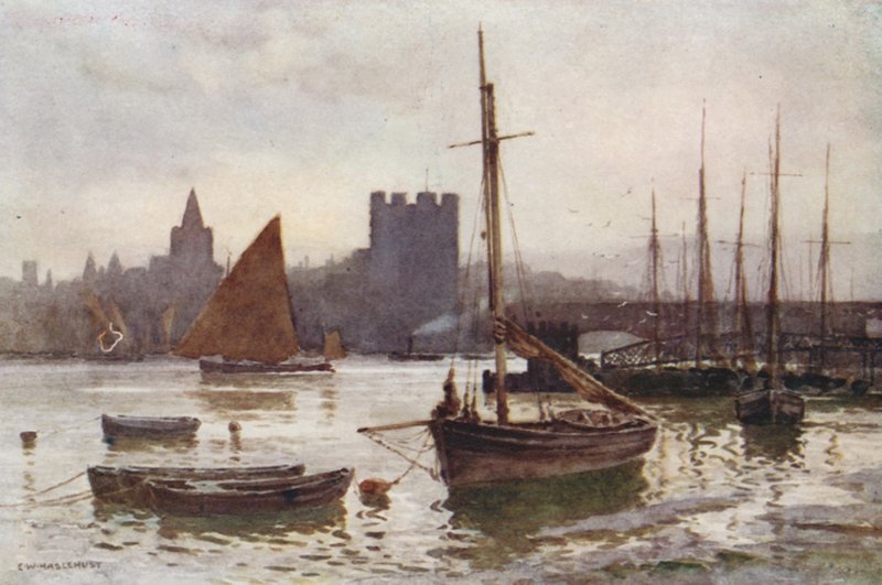 Rochester fra Strood (farve litho) af Ernest William Haslehust