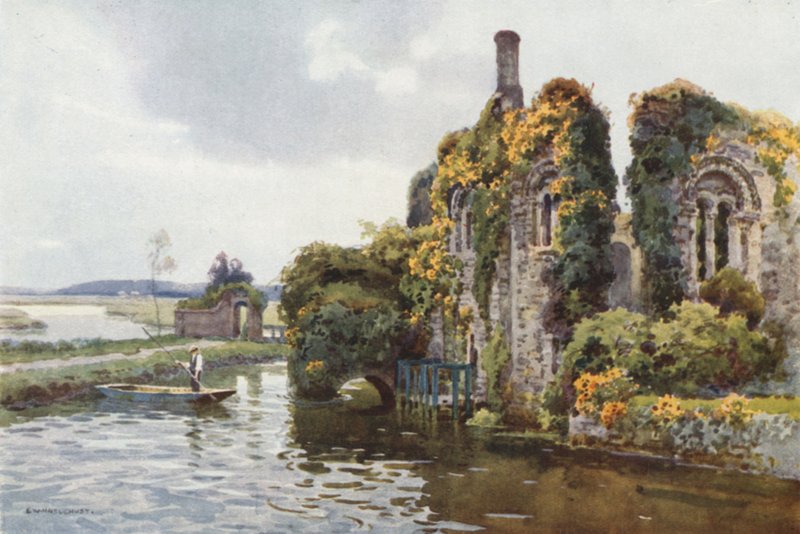 Ruinerne af Norman House, Christchurch (farve litho) af Ernest William Haslehust