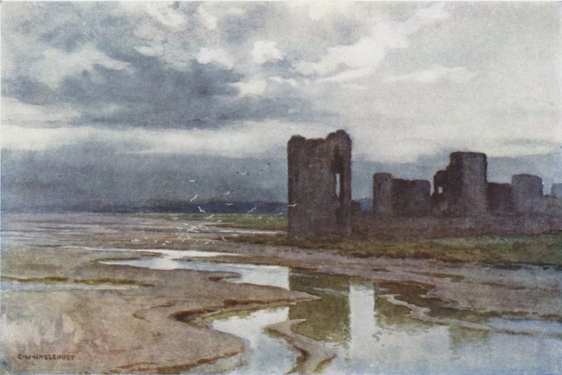 Sands of Dee, Flint Castle (farve litho) af Ernest William Haslehust