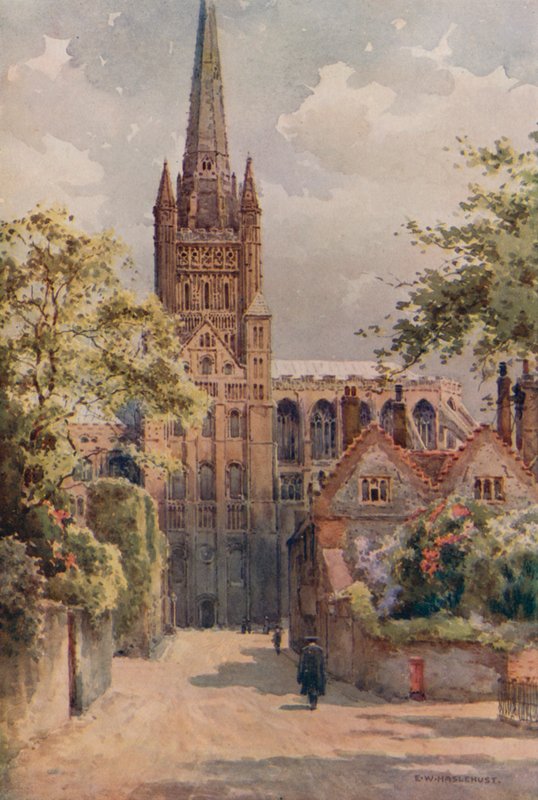 The Cathedral Precincts, Norwich (farve litho) af Ernest William Haslehust