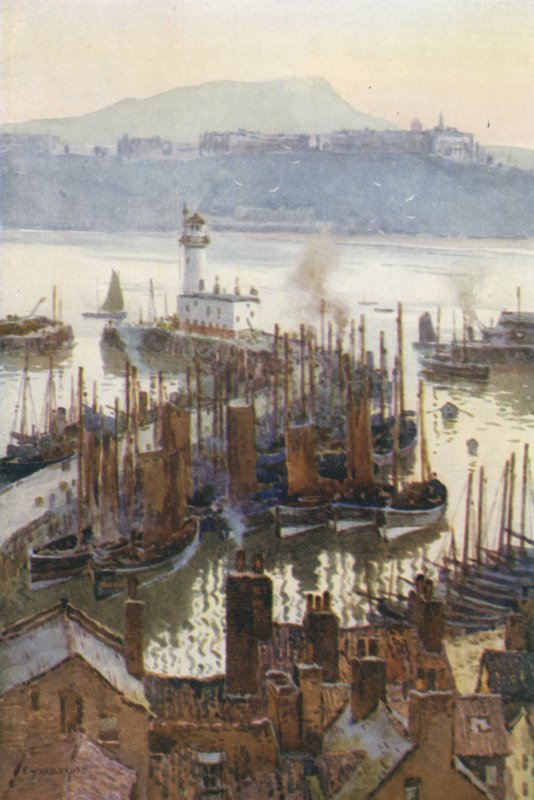 Havnen fra den gamle bydel (farve litho) af Ernest William Haslehust