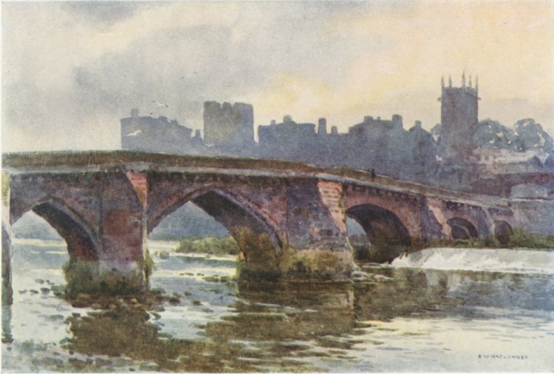 The Old Dee Bridge (farve litho) af Ernest William Haslehust