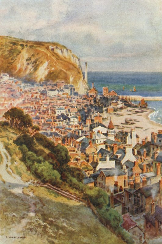 Den gamle by, Hastings (farve litho) af Ernest William Haslehust