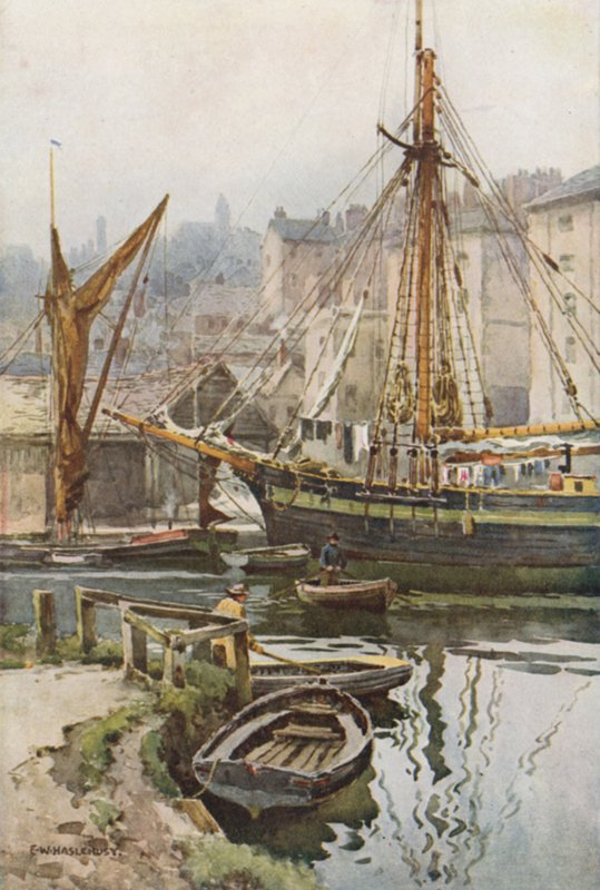 The Quay at Exeter (farve litho) af Ernest William Haslehust