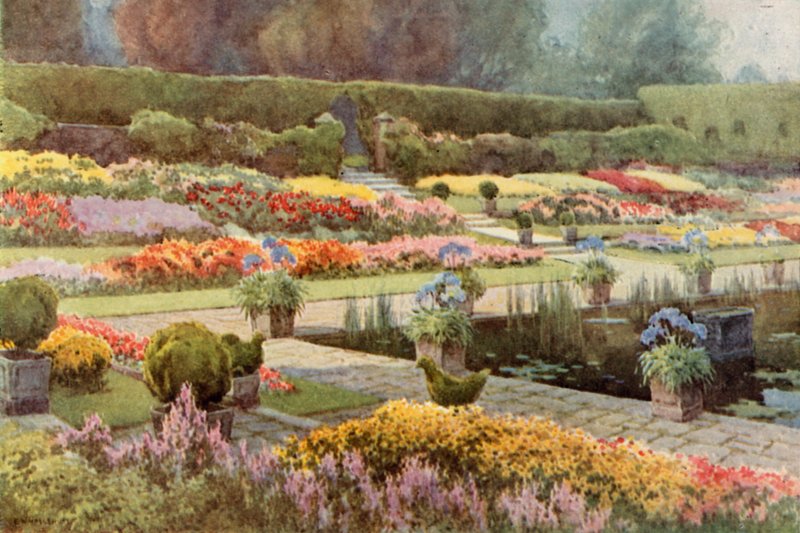 The Sunken Garden, Kensington Palace (farve litho) af Ernest William Haslehust