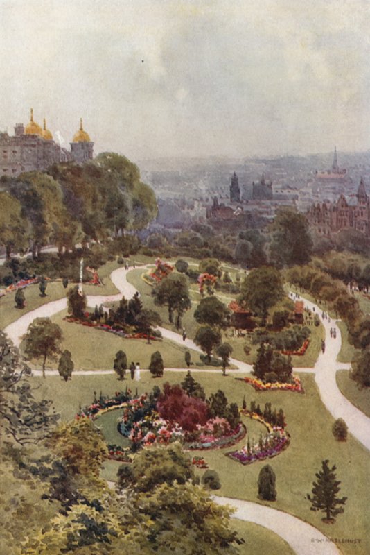 The Valley Gardens, Harrogate (farve litho) af Ernest William Haslehust