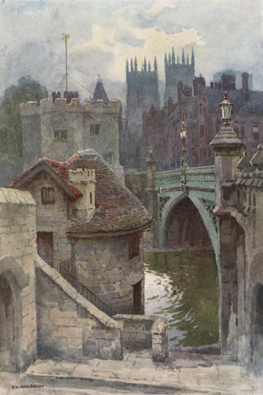 The Water-Gates, Lendal Bridge (farve litho) af Ernest William Haslehust