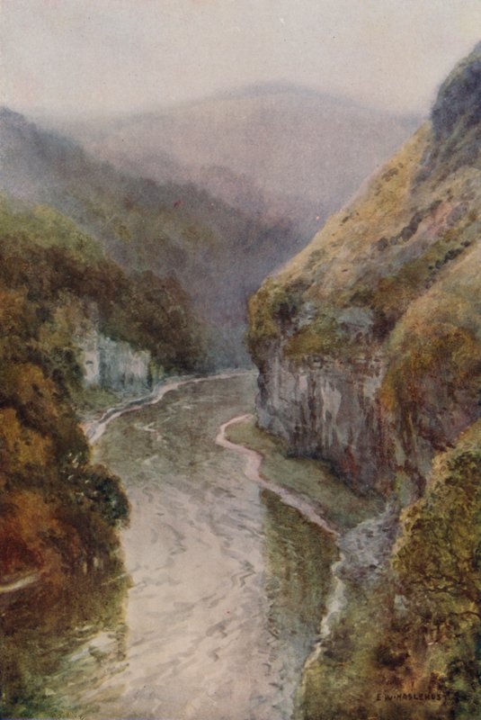 The Wye nær Cressbrook Dale (farve litho) af Ernest William Haslehust