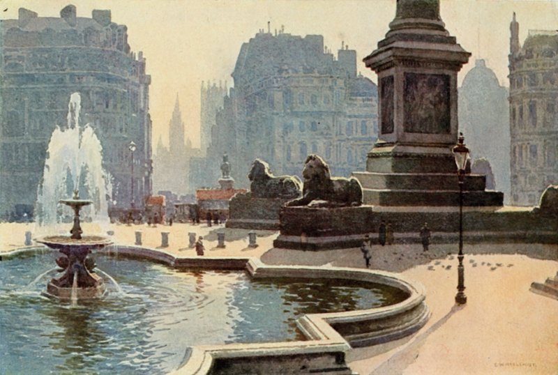 Trafalgar Square (farve litho) af Ernest William Haslehust