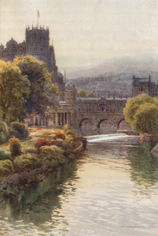 Udsigt fra North Parade Bridge, Bath (farve litho) af Ernest William Haslehust