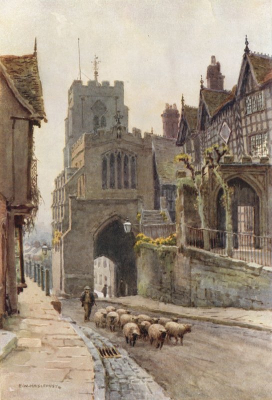 West Gate, Warwick (farve litho) af Ernest William Haslehust