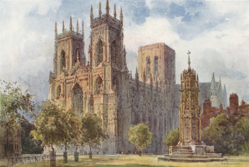 York Minster (farve litho) af Ernest William Haslehust
