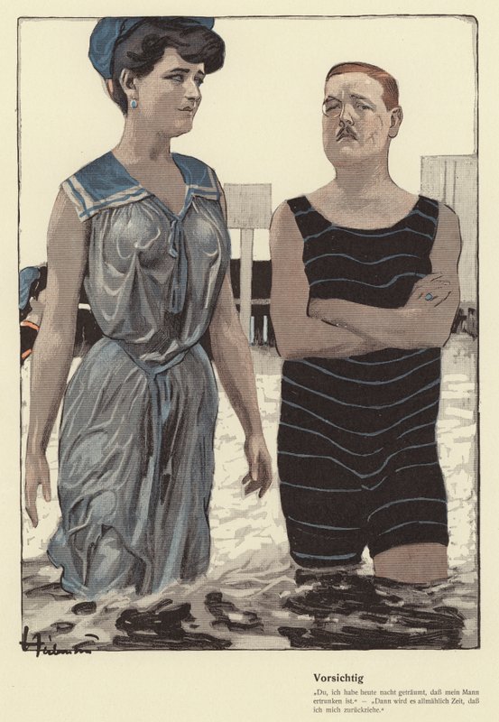 Mand og hans gifte elskerinde bader (farve litho) af Ernst (after) Heilemann