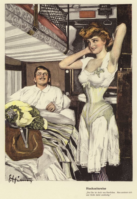 Ægtepar tager på bryllupsrejse i et sovende tog (farve litho) af Ernst (after) Heilemann