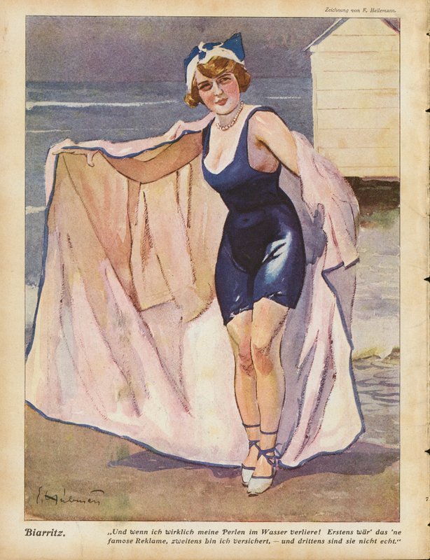 Kvinde på stranden ved Biarritz (farve litho) af Ernst (after) Heilemann