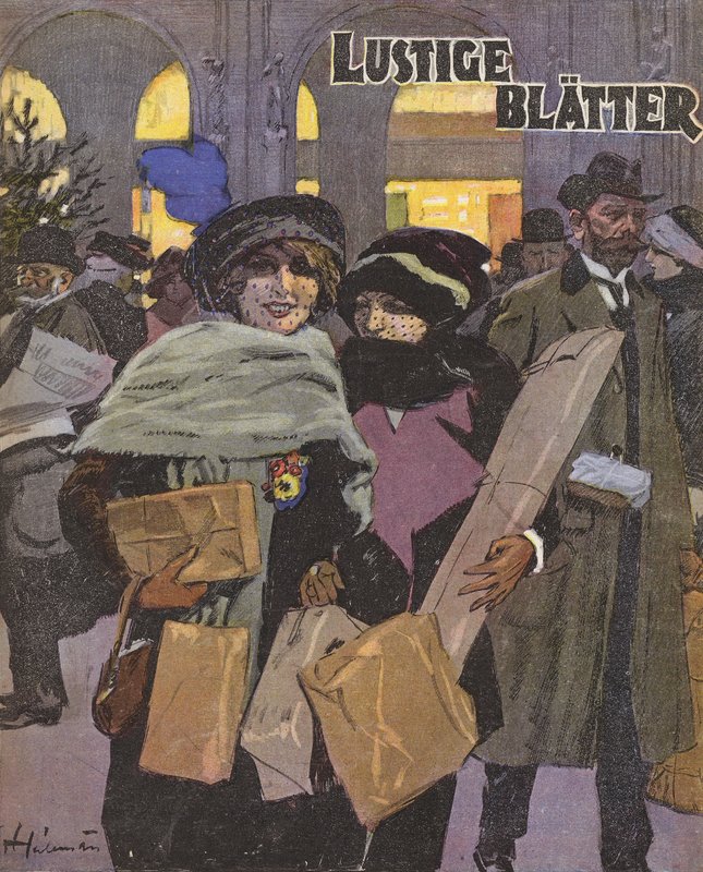 Kvinder juleshopping (farve litho) af Ernst (after) Heilemann
