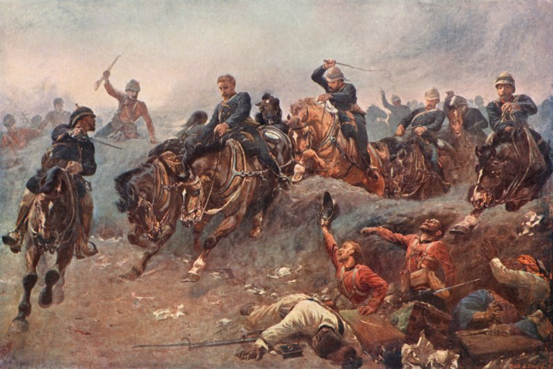 Britisk artilleri går ind i fjendens linjer i slaget ved Tel El Kebir, Egypten, 1882 af Esteban Márquez de Velasco