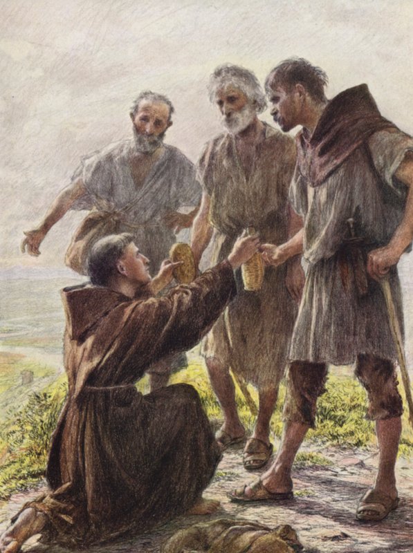 Friar Angel and the Three Brigands (farvelitografi) af Eugene (after) Burnand