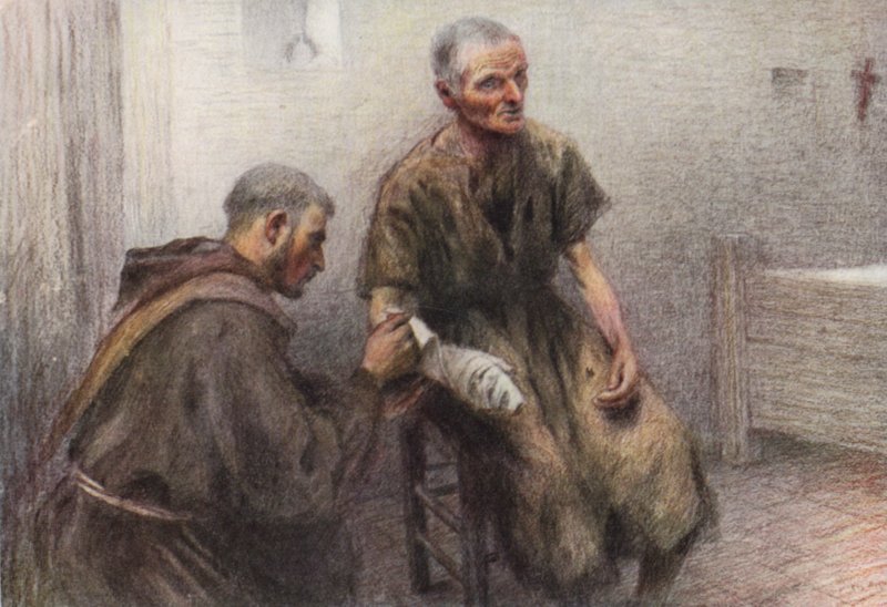 Broder Bentivoglia plejer en spedalsk (farvelitografi) af Eugene (after) Burnand