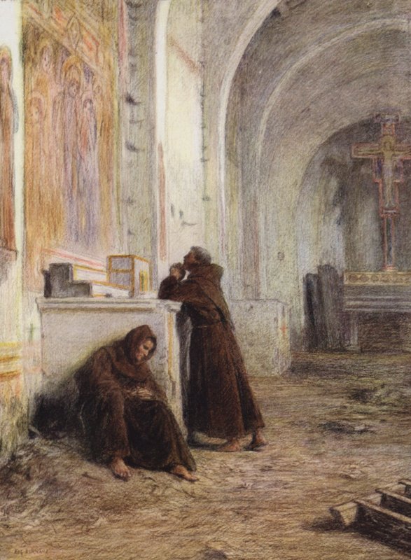 Broder Giles og hans ledsager besvimer af sult i en øde kirke (farvelitografi) af Eugene (after) Burnand