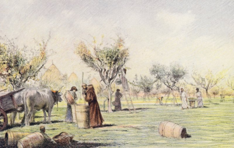 Broder Giles arbejder i vingården (farvelitografi) af Eugene (after) Burnand
