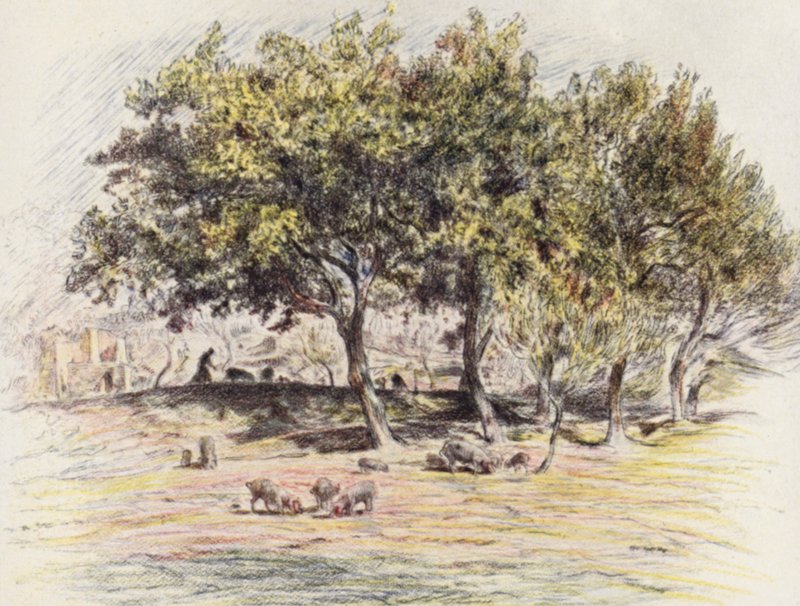 Broder Juniper skærer foden af en gris for at give den til en syg mand (farvelitografi) af Eugene (after) Burnand