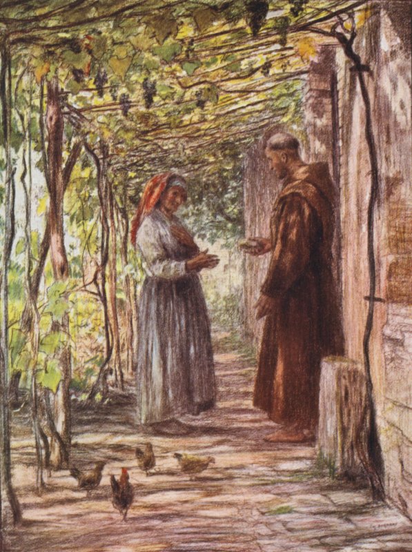 Broder Masseo udnævnes til dørvogter (farvelitografi) af Eugene (after) Burnand