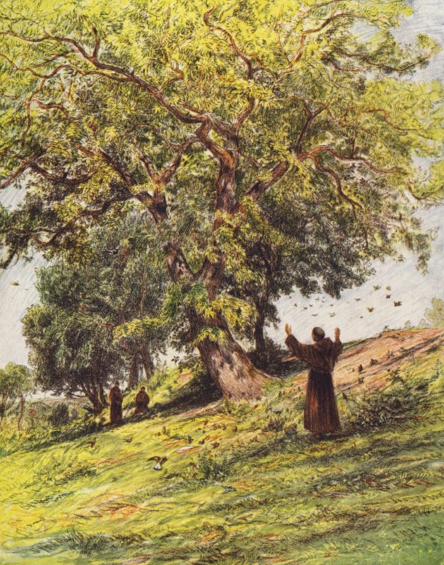 St Fancis prædiker for fuglene (farvelitografi) af Eugene (after) Burnand