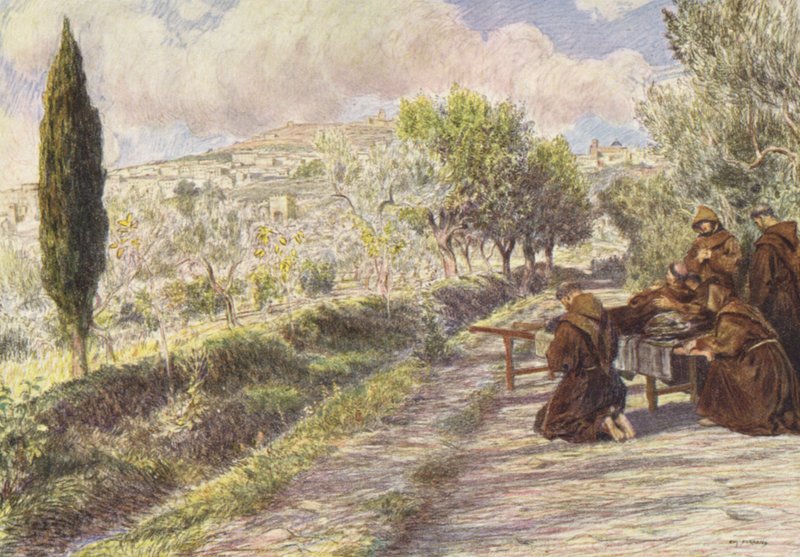 Frans velsigner byen Assisi (farvelitografi) af Eugene (after) Burnand