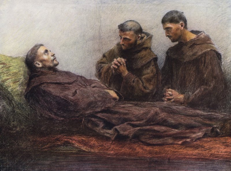 Frans syg i biskoppens palads i Assisi (farvelitografi) af Eugene (after) Burnand