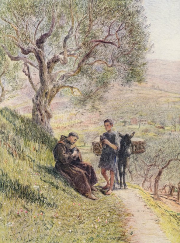 Sankt Frans tæmmer de vilde turtelduer (farvelitografi) af Eugene (after) Burnand