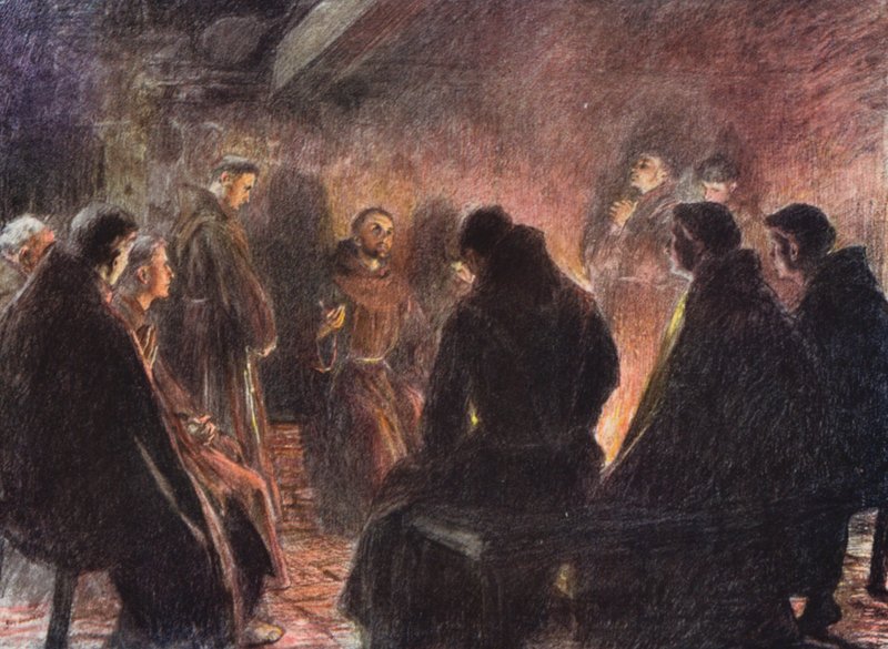 Frans og brødrene taler om Gud (farvelitografi) af Eugene (after) Burnand
