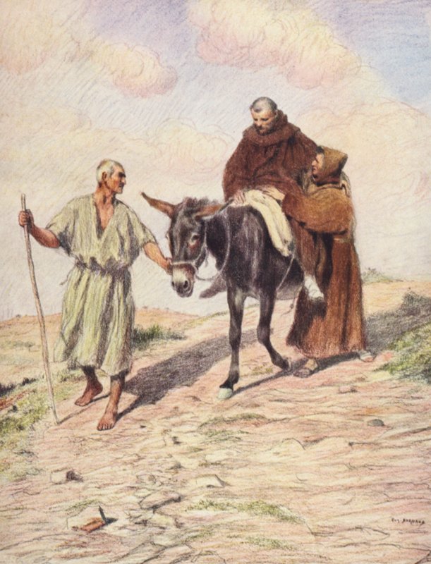 Sankt Frans på vej ned ad Mount la Verna med broder Leo efter indprentningen af de hellige stigmaer (farvelitografi) af Eugene (after) Burnand