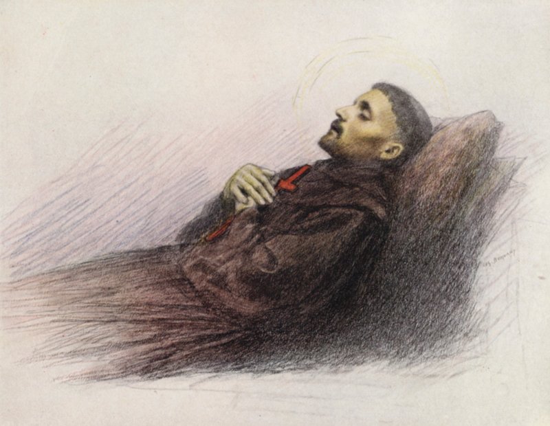 Frans på sit dødsleje (farvelitografi) af Eugene (after) Burnand