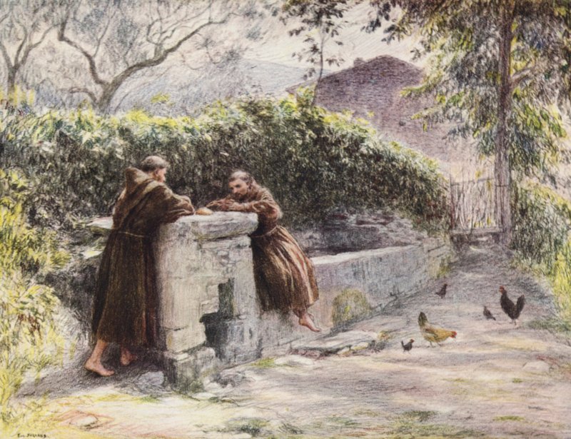 Den hellige Frans og broder Masseo spiser ved springvandet, den hellige Frans lovpriser fattigdom (farvelitografi) af Eugene (after) Burnand