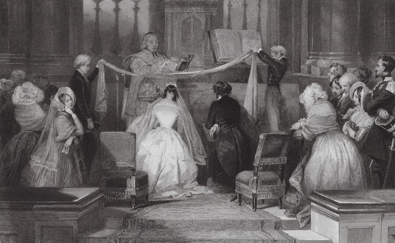 Et fransk ægteskab i St Roch, Paris (kobberstik) af Eugene Louis (after) Lami