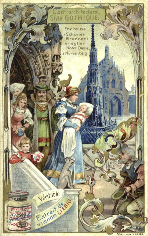 gotisk arkitektur; Schoener Brunnen springvand og Frauenkirche, Nürnberg (chromolitho) af European School