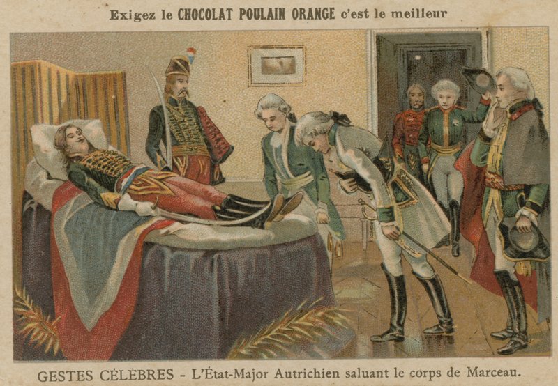 Officerer fra den østrigske stab hylder liget af general Marceau efter hans død i Altenkirchen, Tyskland, 1796 af European School