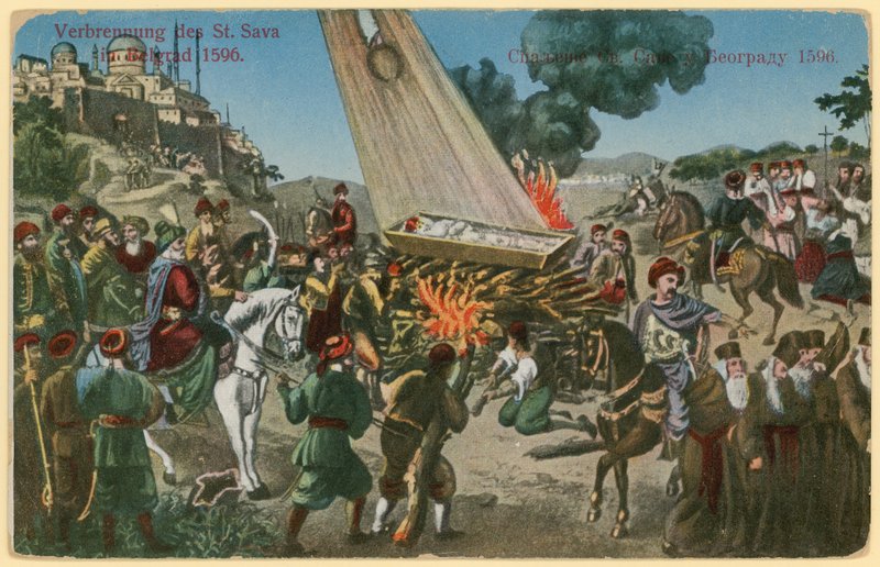 Osmanniske tyrkere brænder resterne af St Sava som straf for et oprør fra serberne, Beograd, 1596 af European School