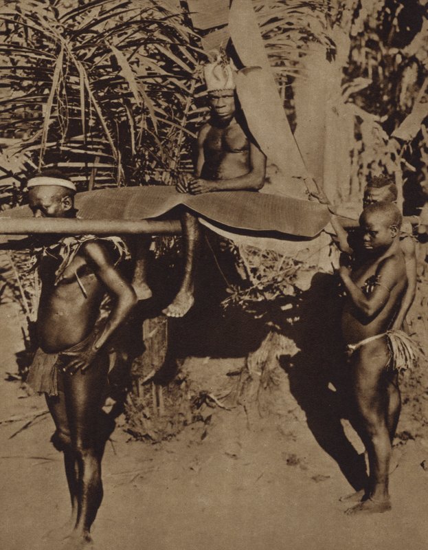 Høvding for en afrikansk pygmæ-stamme bliver båret på et kuld (s/h-billede) af European Photographer