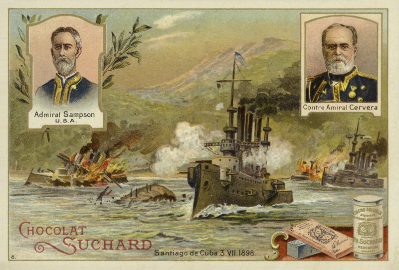 Admiralerne William Sampson og Pascual Cervera, og slaget ved Santiago de Cuba, spansk-amerikansk krig, 3. juli 1898 af European School