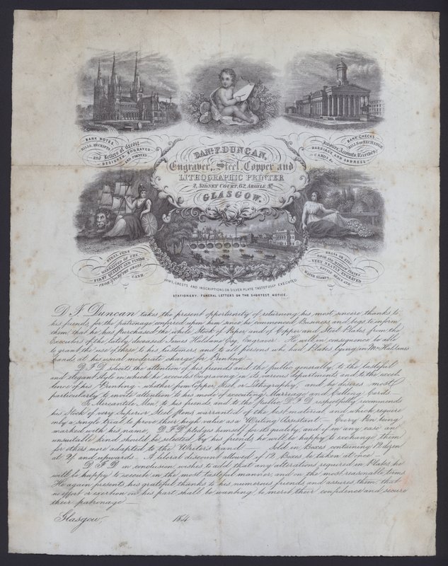 Annonce for gravør og litografisk printer, Daniel F Duncan fra Glasgow (litho) af European School