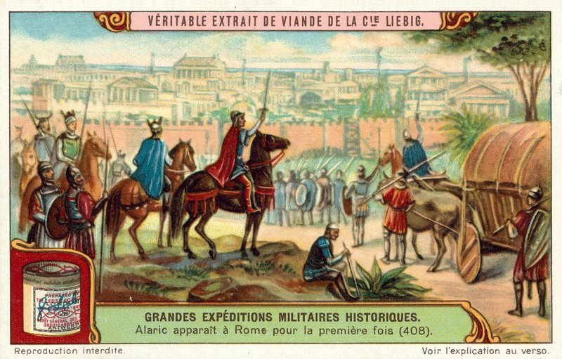Alarik, vestgoternes konge, ankommer til Roms porte for første gang, 408 (chromolitho) af European School