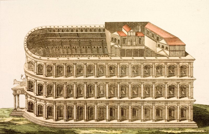 Gamle romerske teater Marcellus, bygget i slutningen af det 1. århundrede f.Kr. (farvet indgravering) af European School