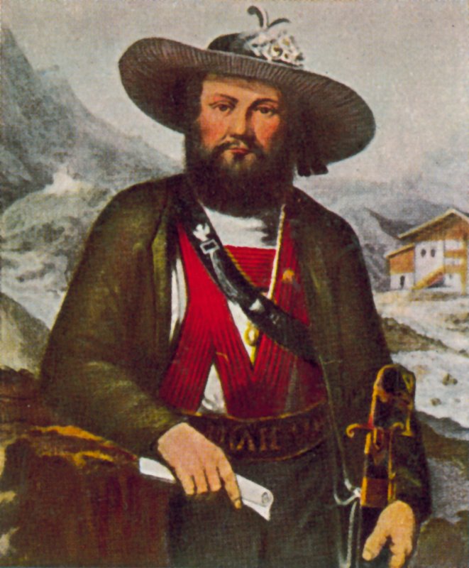 Andreas Hofer, leder af det tyrolske oprør mod franskmændene (farvelitografi) af European School