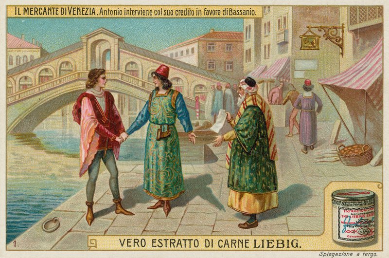 Antonio griber ind på Bassanios vegne med Shylock af European School