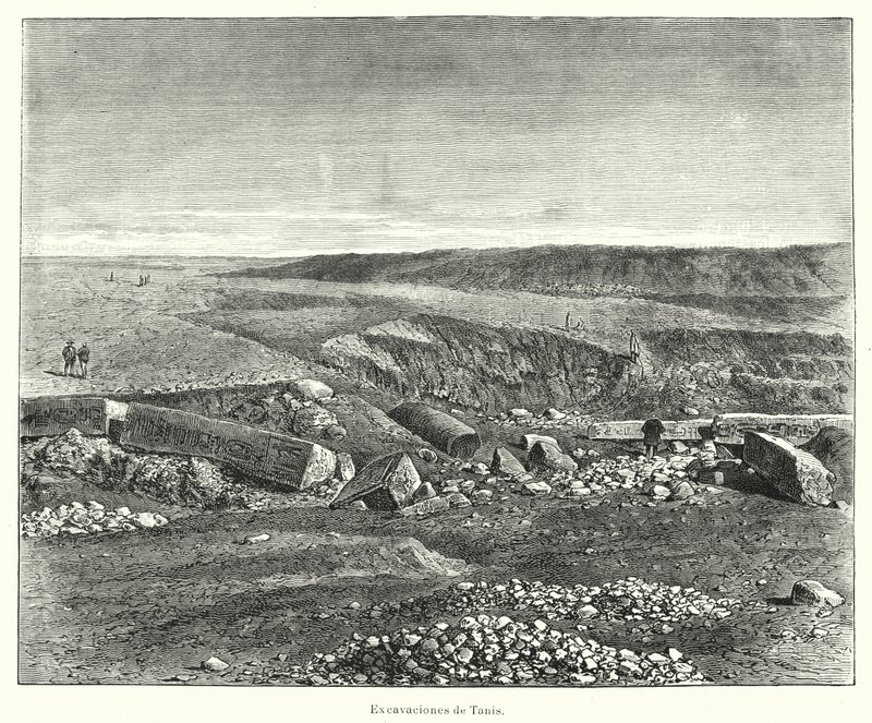Arkæologiske udgravninger af den gamle egyptiske by Tanis (litho) af European School